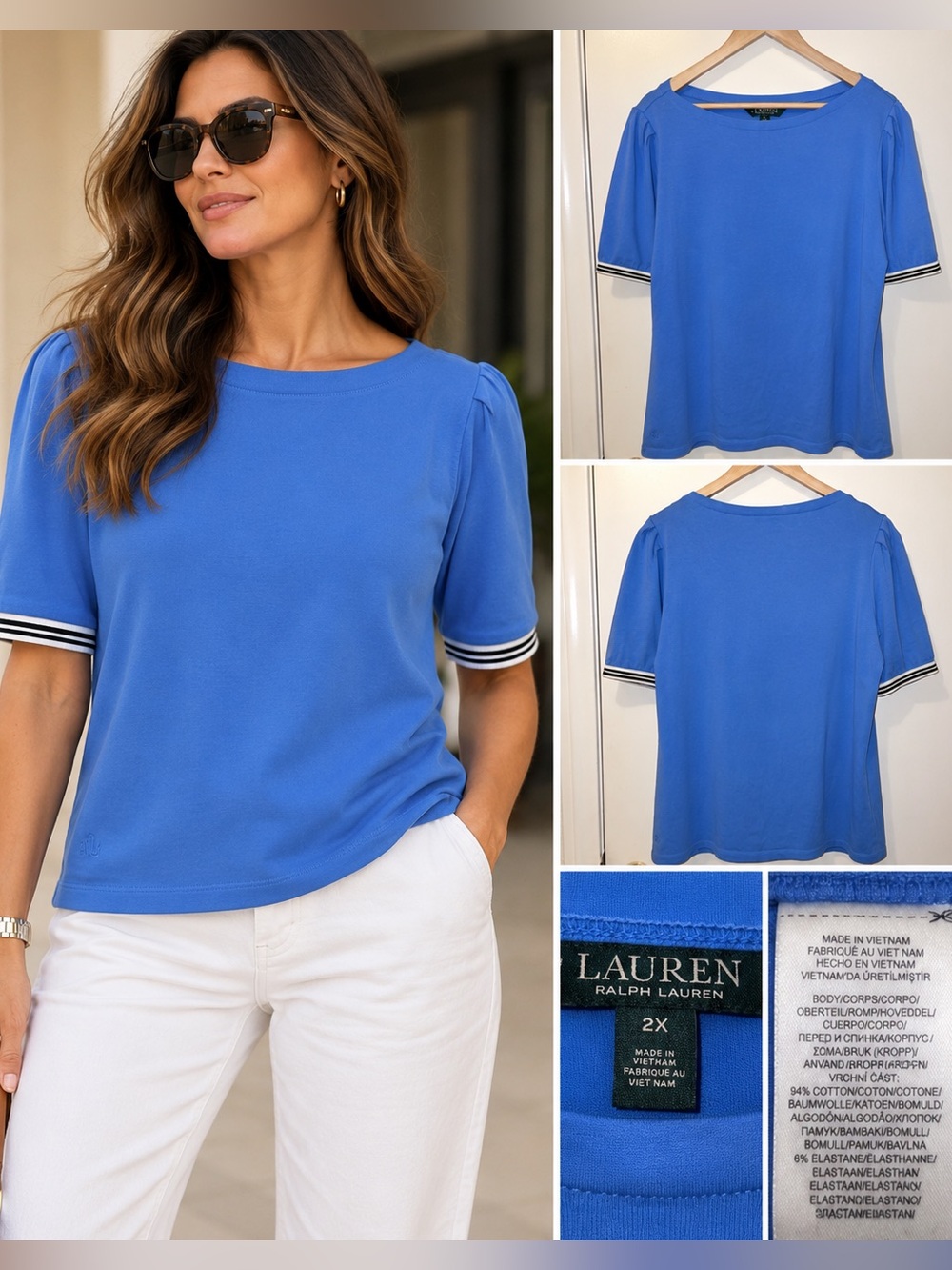 Lauren Ralph Lauren Blue Puff Sleeve Boat Neck Top 2X Nautical Preppy